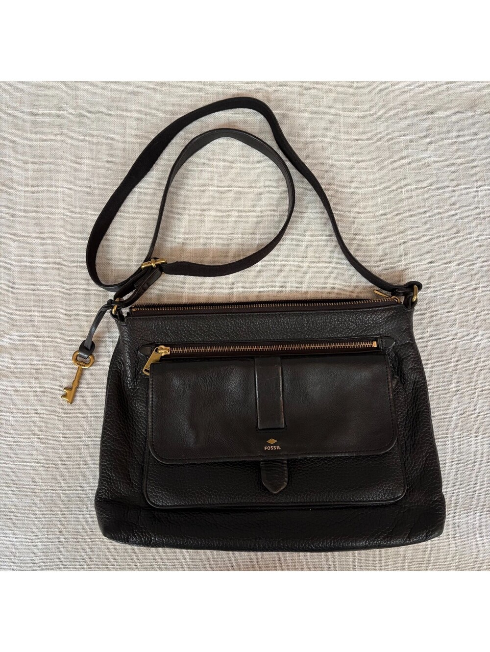 Fossil Black Pebble Leather Shoulder Bag crossbody or shoulder w zippers